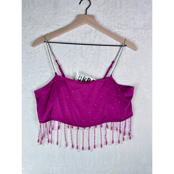 Urban Outfitters Milina Fuchsia Satin Fringe Beaded Crop Top Rhinestone Straps - Picture 6 of 14